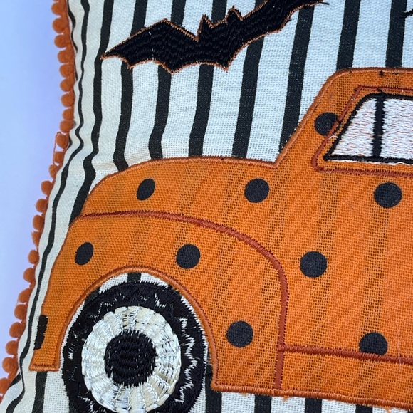 Witch Crafters Halloween Throw Pillow Truck Scene w/ Bats Crows & Pumpkins - Picture 5 of 8